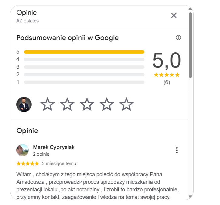 Ocena Google 5,0 z 6 opinii oraz widoczny fragment opinii Marka Cyprysiaka